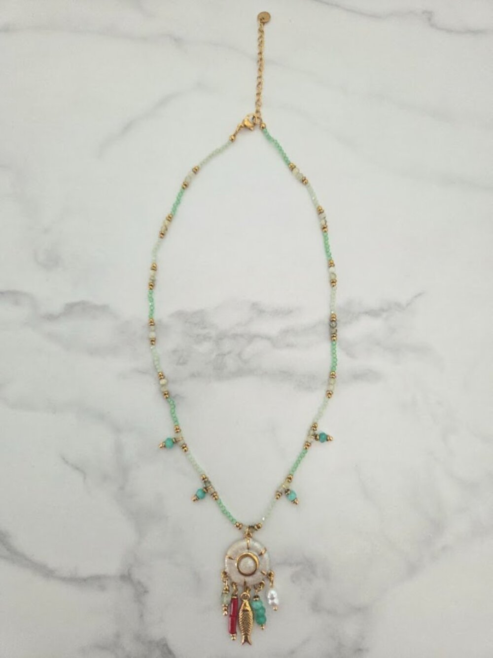 Boho Gold Tone Mint Green Beaded Necklace Fish Charm Dangle Pendant - Picture 3 of 16